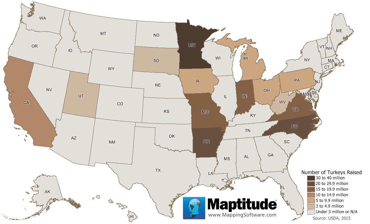 Maptitude map of turkeys raised by state