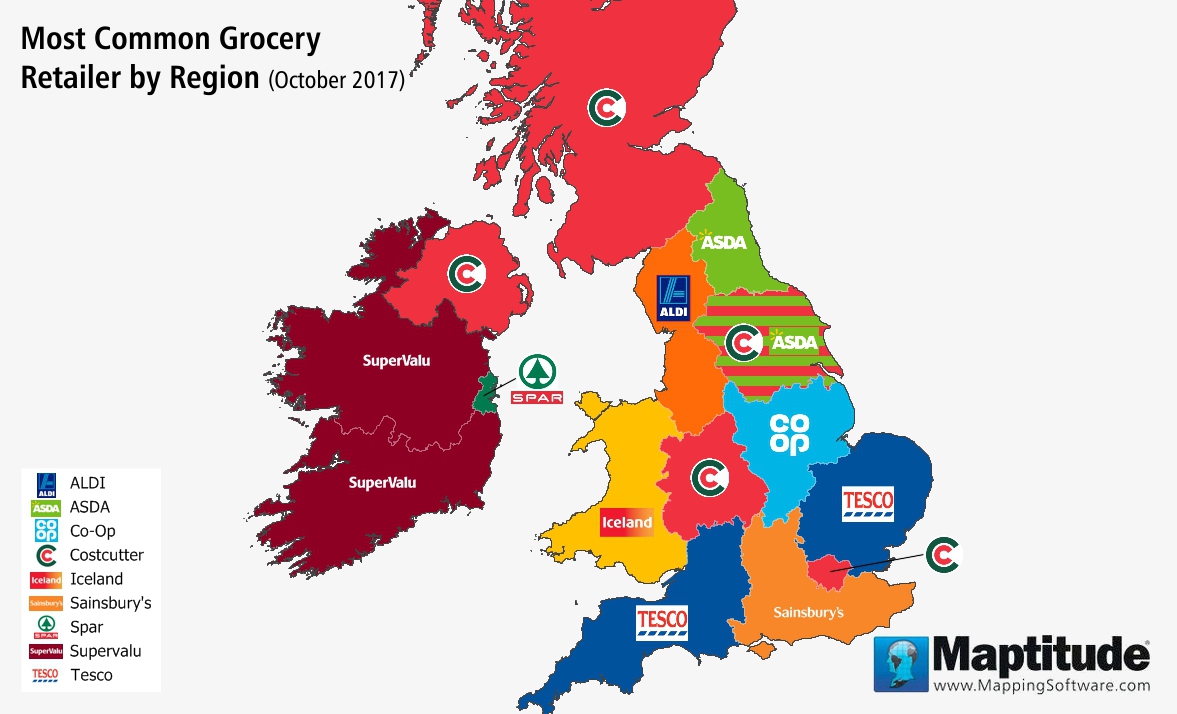 Maptitude map of most common grocery store in each UK region
