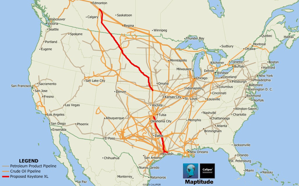 Maptitude map of U.S. Petroleum and Crude Pipelines and Keystone XL Pipeline