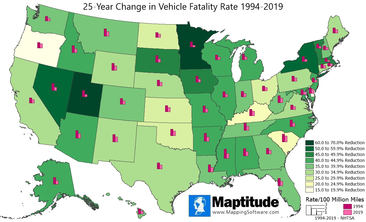 Maptitude mapping software map infographic of 25-year change in traffic fatality rates