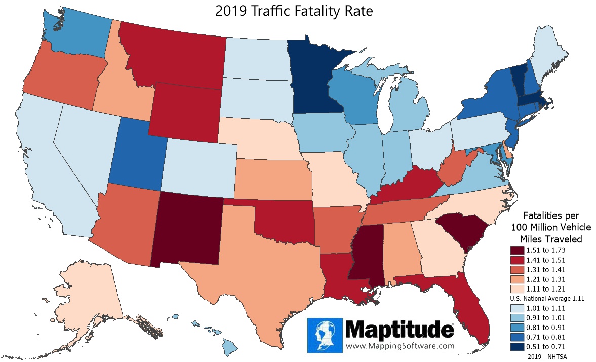 Maptitude mapping software map infographic of traffic fatality rate by state 