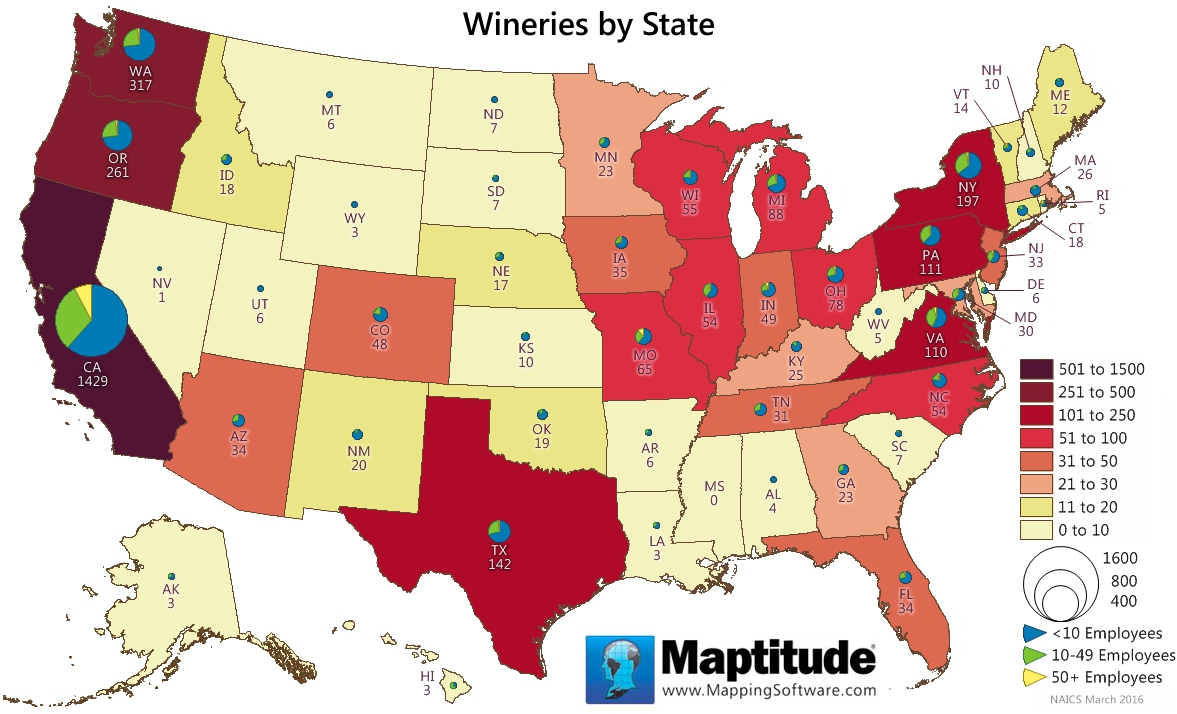 Maptitude map of the number of wineries in each state