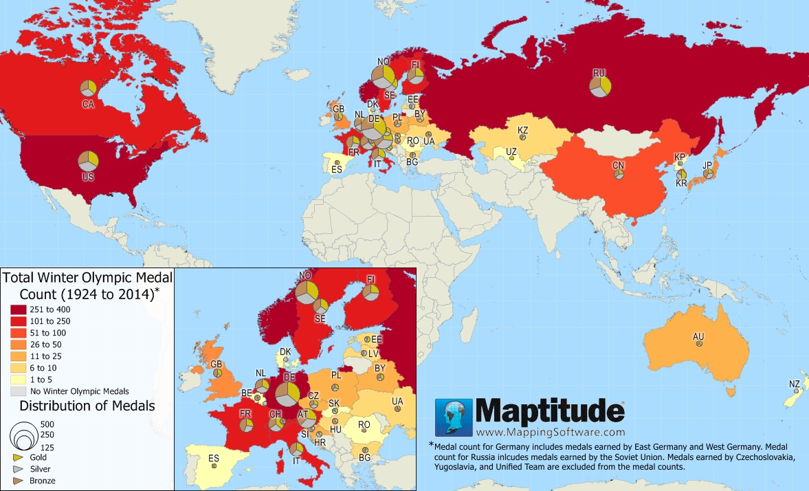 Maptitude map of all-time Winter Olympic medal count by country 1924-2014