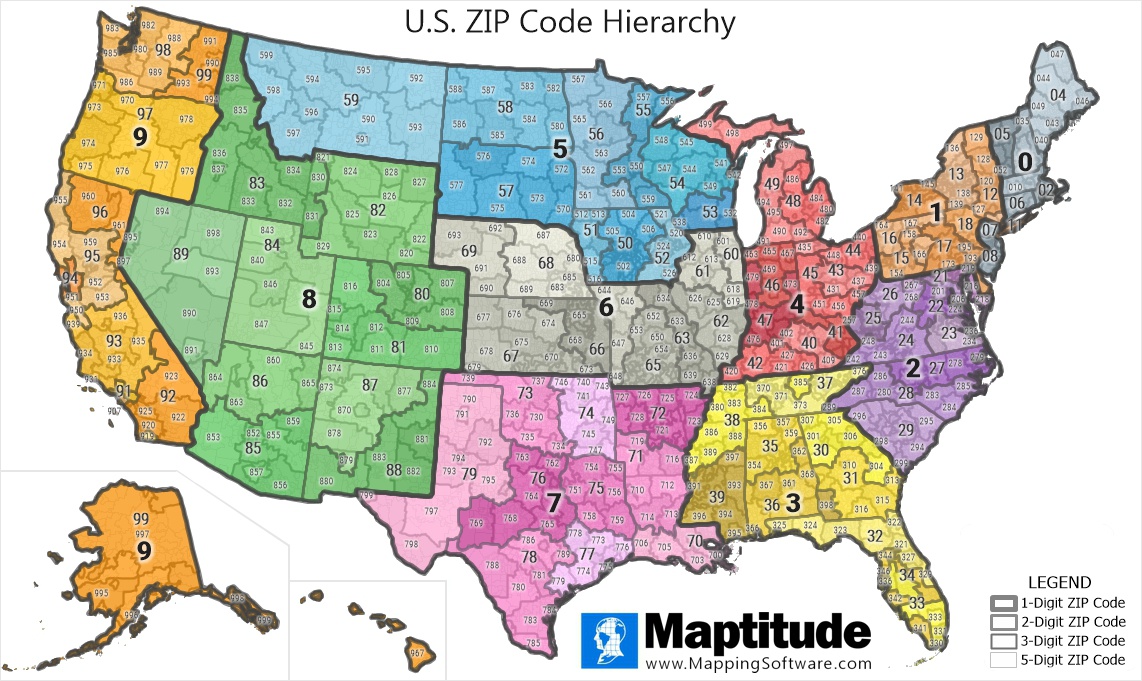 Maptitude mapping software infographic of Geographical Hierarchy of ZIP Codes