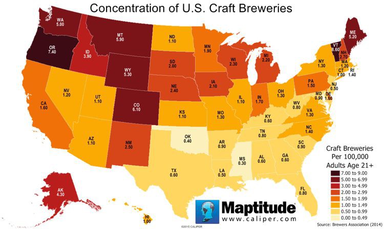Maptitude map of craft breweries per 100,000 adults by state