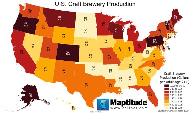 Maptitude map of craft beer production (gallons per adult) by state
