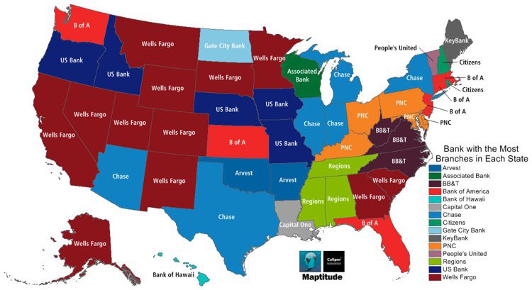 Maptitude mapping software map most common bank by state