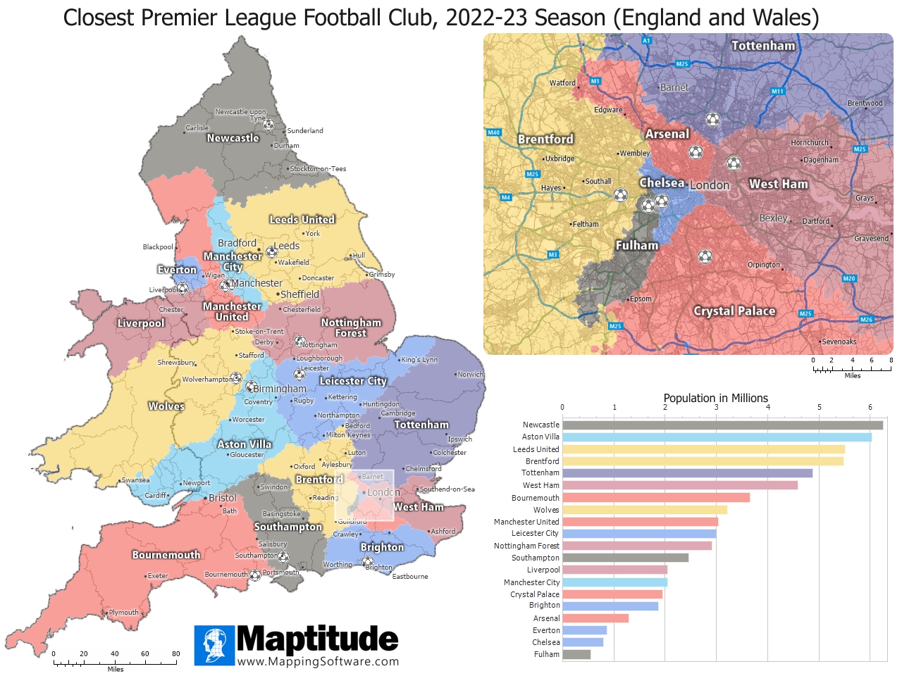 Maptitude mapping software infographic of Closest Premier League Football Club