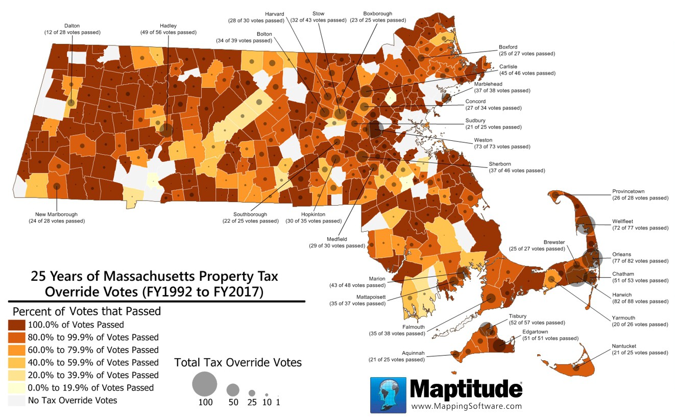 Maptitude map of Massachusetts Propostion 2-1/2 property tax override votes