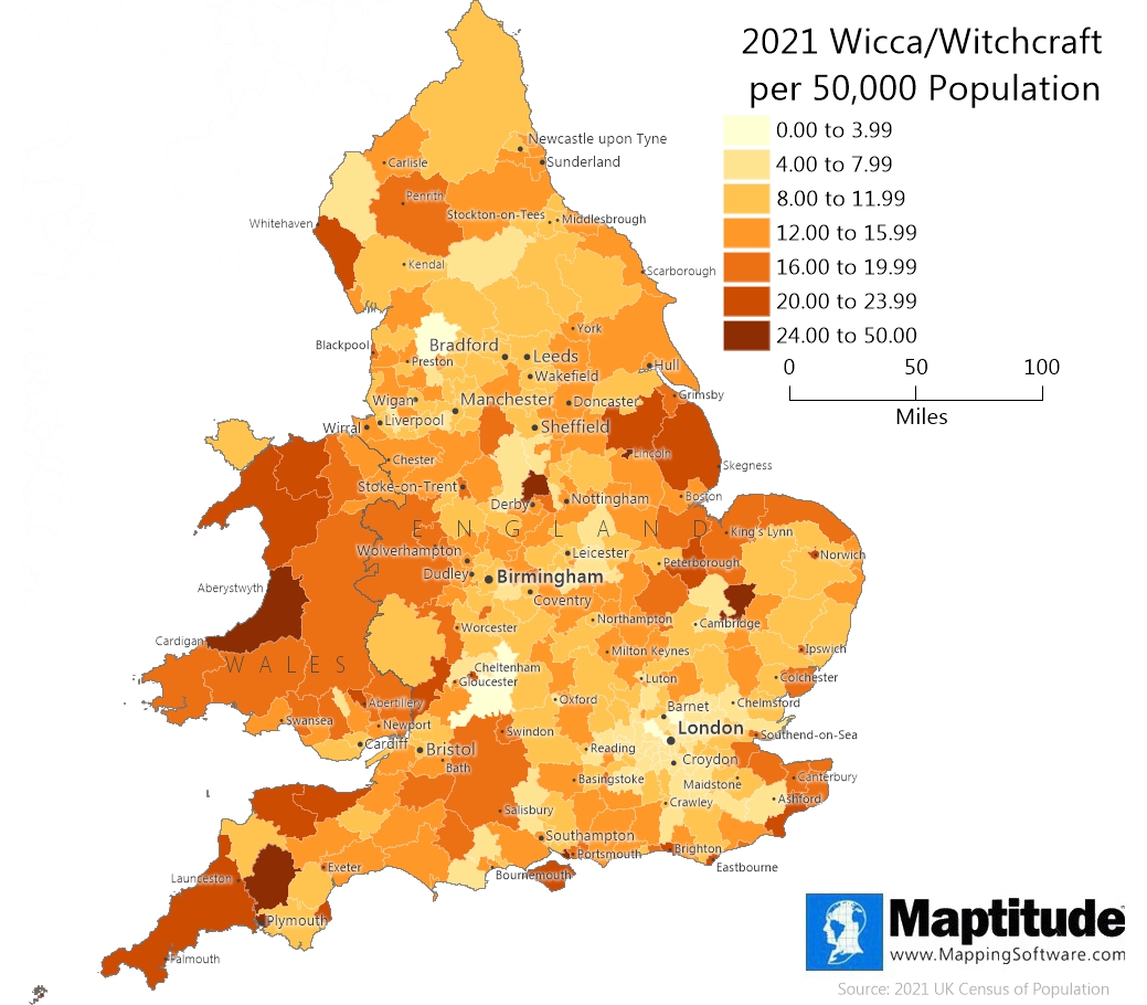 Maptitude mapping software map population reporting its religion as Wicca or Witchcraft in the 2021 Census