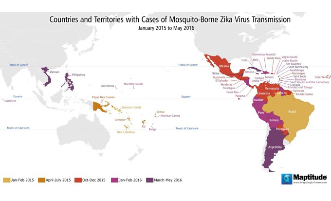 Maptitude map of the spread of zika virus by country from January 2015 to May 2016