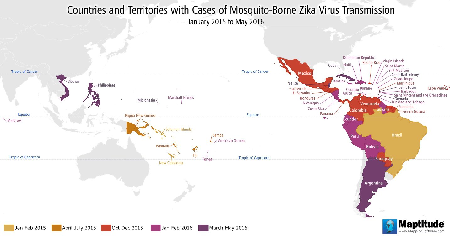 Maptitude map mosquito-borne Zika virus transmission by country 2015-2016