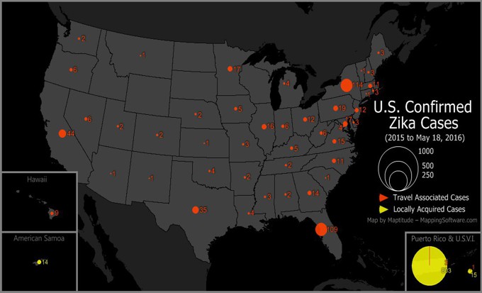 Maptitude Zika virus cases by U.S. state/territory map - 2015 to May 2016