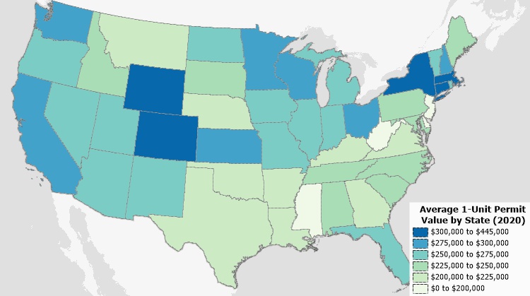 What is construction valuation definition: Map of single-unit construction value by state for 2020
