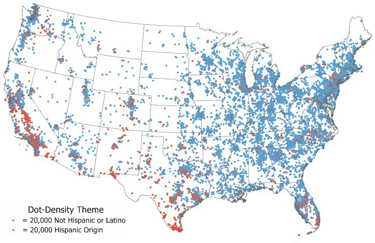 What is a dot-density map/Dot-density map definition: Dot-density map of U.S. Hispanic and Non-Hispanic population created with Maptitude map software