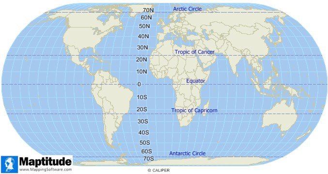 What is a Latitude/Latitude definition: Map of latitudes created with Maptitude map software
