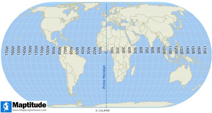 What is a Longitude/Longitude definition: Map of longitudes created with Maptitude map software