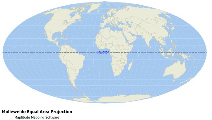 What is an equal area projection/Equal area projection definition: Equal area projection world map created with Maptitude mapping software shows areas distorted in shape but porportionately equal areas