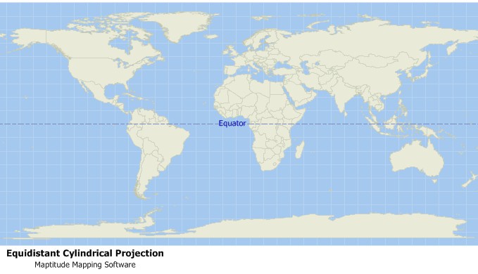 What is an equidistant projection/Equidistant projection definition: Equidistant cylindrical projection world map created with Maptitude mapping software