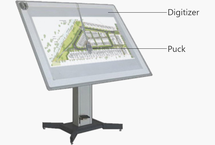 What is a digitizer: Digitizer and puck with paper map for digitizing into a GIS layer
