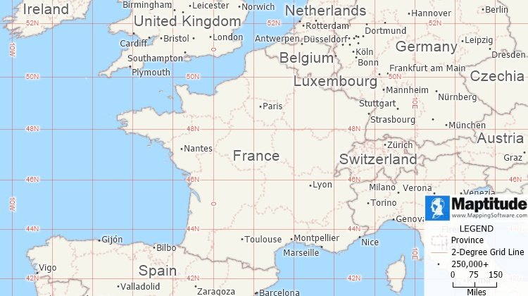 What is a grid line/grid line definition: Map of Europe with 2-degree longitude and latitude grid lines