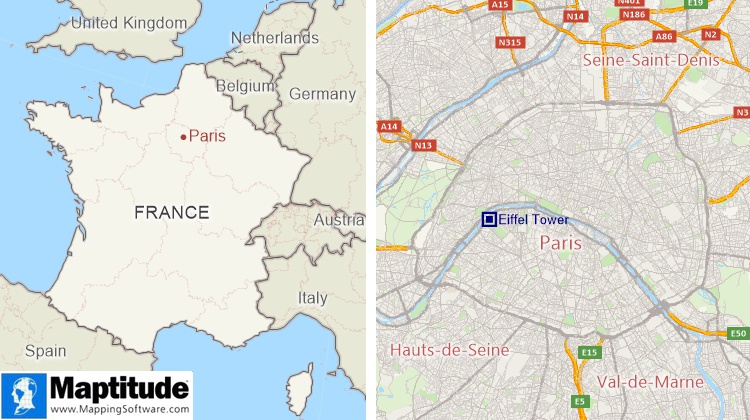 What is a location map/location map defintion: A location map showing where Paris is located in France and a location map showing where the Eiffel Tower is located in Paris