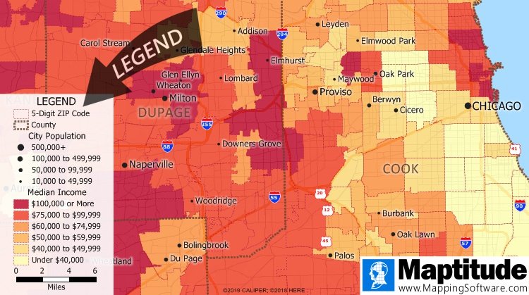 What is a map legend/Map scale definition: The legend in this Maptitude map shows what the colors and symbol sizes mean
