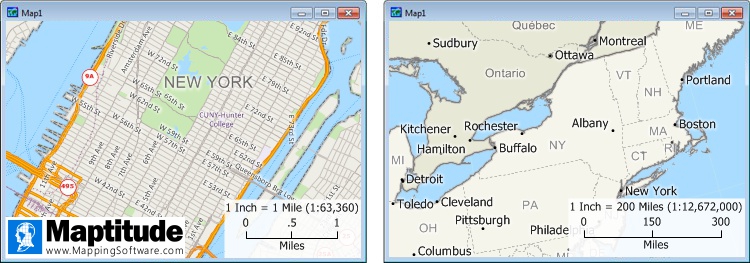 What is a map scale/Map scale definition: Large and small map scale examples created with Maptitude mapping software