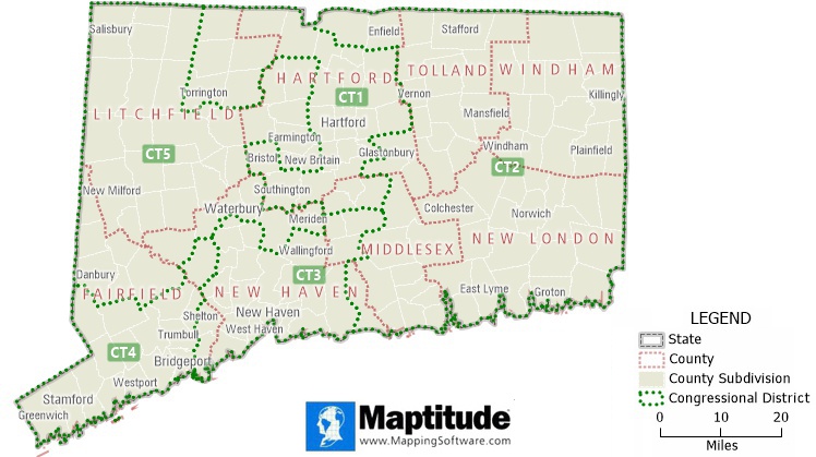 What is a political map/political map defintion: A political map of Connecticut that shows the state, county, county subdivision, and congressional district boundaries