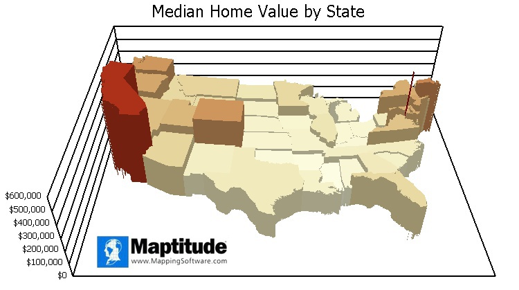 What is a prism map/prism map defintion: An example of a prism map where states are depicted as three-dimensional prisms whose heights indicate the median home value