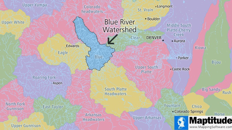 What is a Watershed/Watershed definition: Maptitude map software map showing watershed areas in Colorado