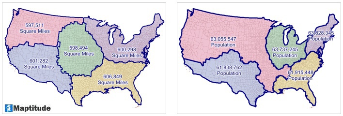 Two maps of the lower 48 United States partitioned into 5 territories, one based on population and one based on land area that demonstrate the results of regional partitioning