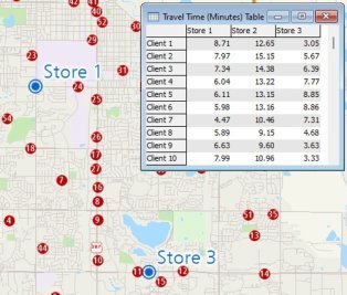 Map of customers and stores with a table showing the distance to each store for each customer
