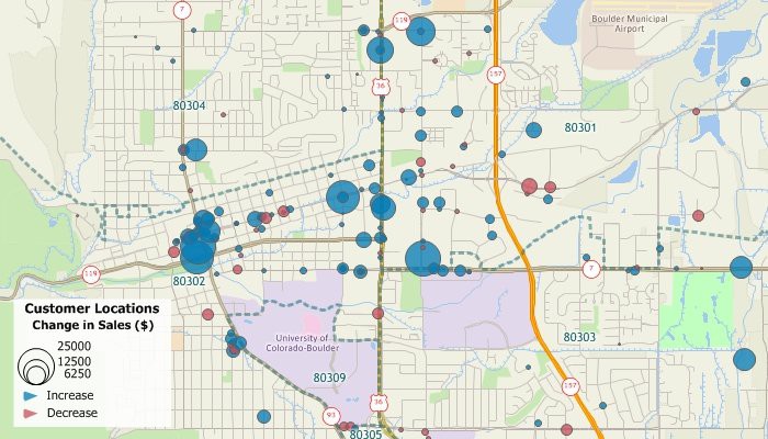 Sample Maptitude geographic information system map of geocoded customer data