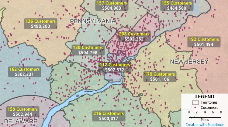 Balanced territories created with Maptitude mapping software alternative to AlignMix