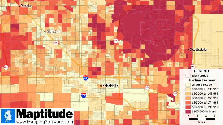 Maptitude map of median income by Census Block Group using the new 2020 block group layer