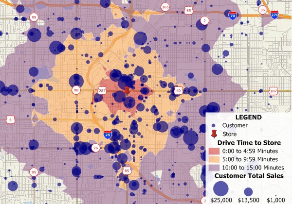 Maptitude business mapping software map of customer locations and their driving distance to a store