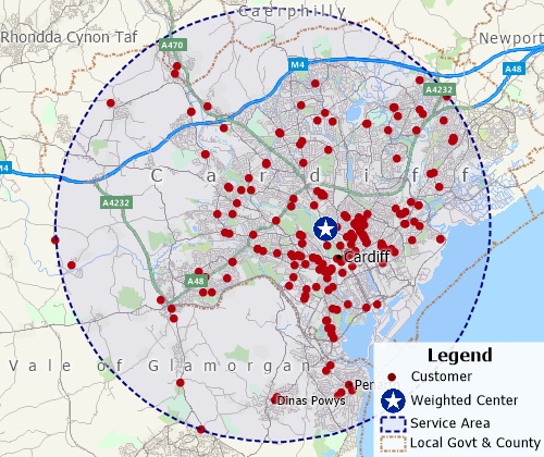 Maptitude GIS map of weighted center gravity location of customers
