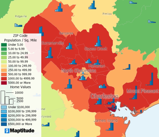 A map that uses color to show population density and charts to show home values by ZIP Code in Charleston SC