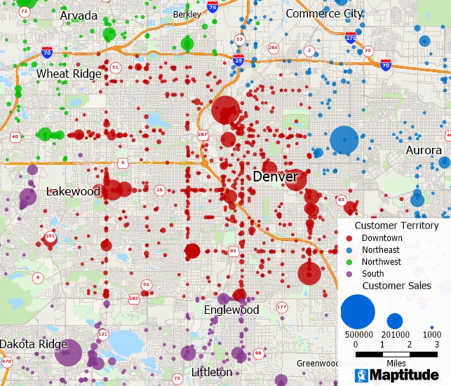 A map that uses different size icons to show sales volume and colors to show territrories for customers located in Denver CO