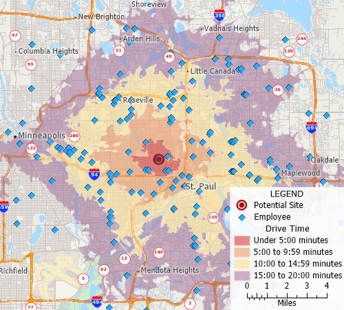 Drive-time analysis map created with Maptitude Digital Map Products replacement