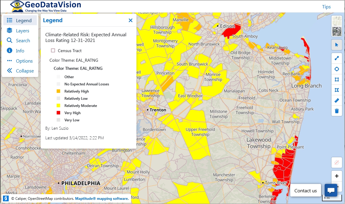 GeoDataVision Maptitude Online screenshot of tract map expected annual loss rating
