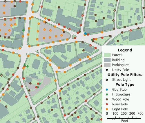 A neighborhood map created with map software for municipal government that shows the location of utility poles where the poles are shown in different colors to indicate the type of pole