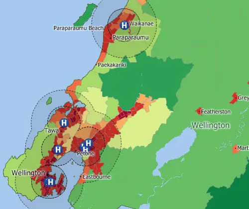 Maptitude GIS map of buffers around hospitals