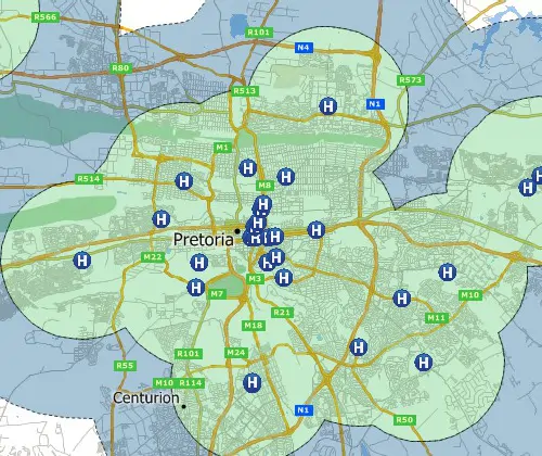 Maptitude GIS map of buffers around hospitals