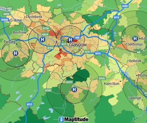 Maptitude GIS map of buffers around hospitals