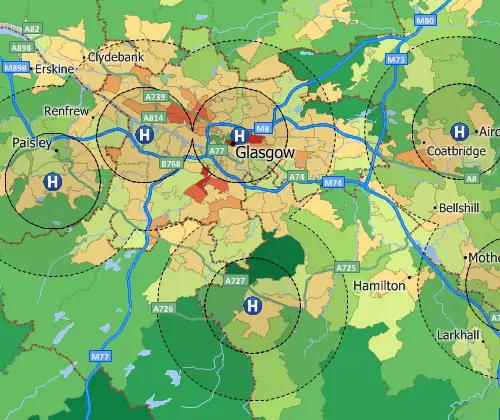 Maptitude GIS map of buffers around hospitals