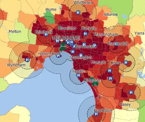 Maptitude GIS map of buffers around hospitals