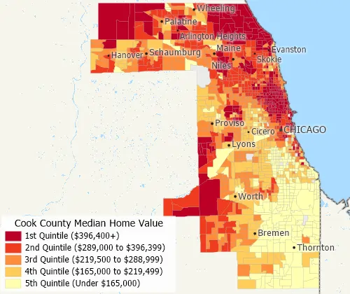 Maptitude map of home value by ZIP Code in Cook County divided into quintiles