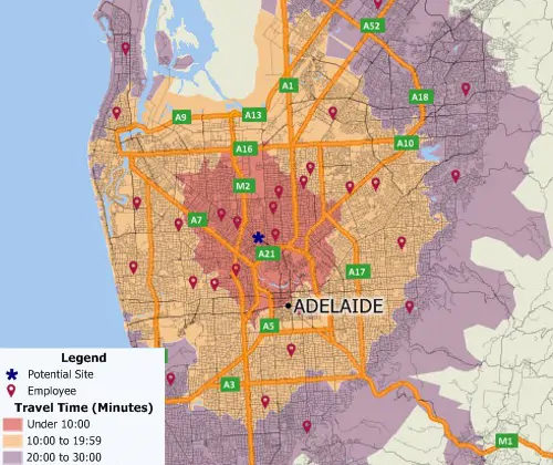Maptitude GIS map of 10-minute drive time rings around two sites